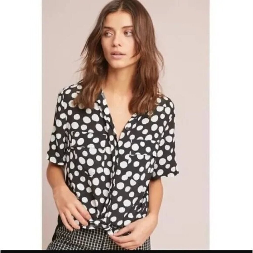 Porridge Clothing Anthropologie Black Polka Dot Tie Waist Button Shirt Sz XL‎